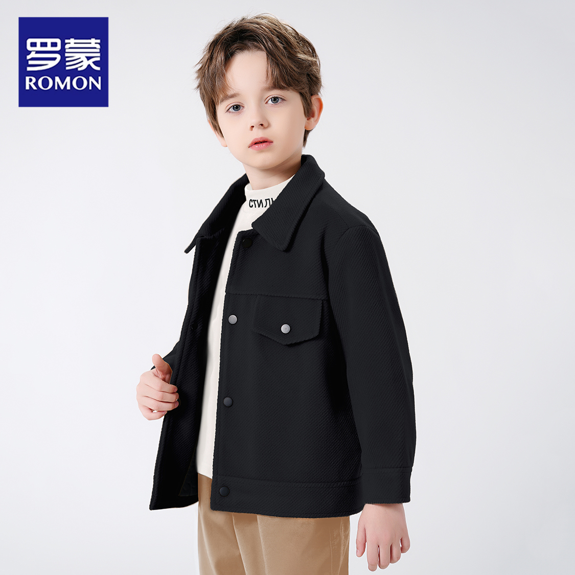 罗蒙童装男童羊毛呢子外套2025秋冬新款儿童休闲宽松短款夹克韩版