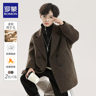 罗蒙男童毛呢外套2026秋冬女童中长款洋气羊毛儿童双面羊绒大衣冬