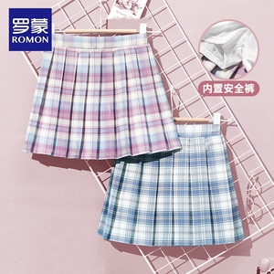 罗蒙女童半身裙2024款新款格子中小童百褶裙小女孩学院风短裙休闲