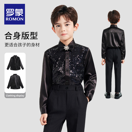 罗蒙儿童黑色亮片衬衫演出服