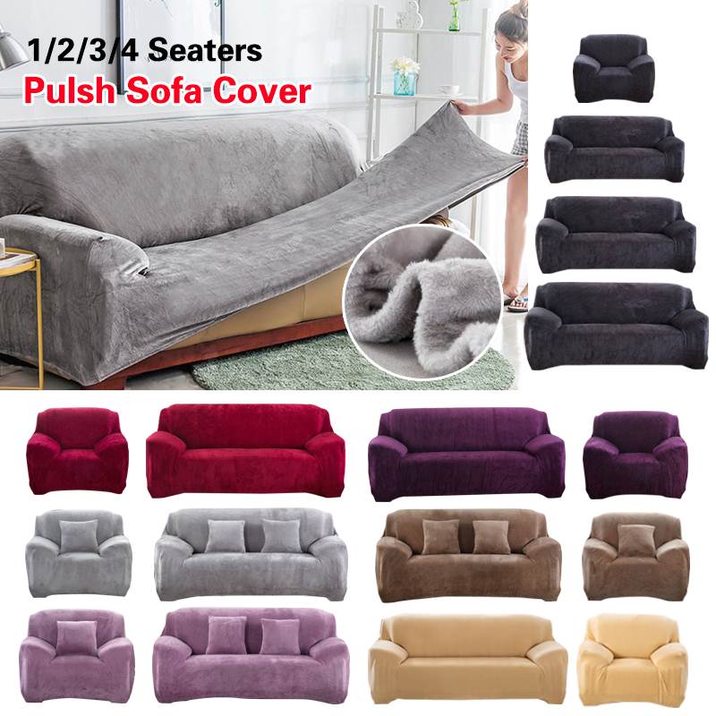 Plush Sofa Cover Stretch Solid Color Thick Slipcover Sofa Co