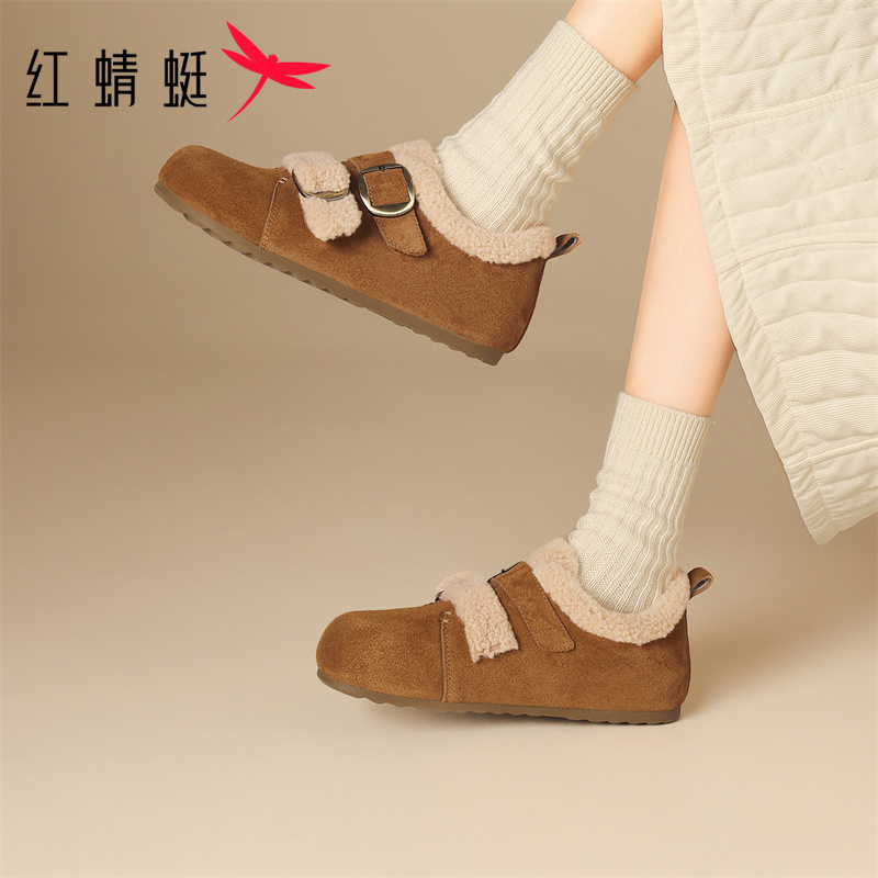 红蜻蜓加绒勃肯鞋女款2025新款平底舒适真皮毛毛鞋毛绒雪地靴棉鞋