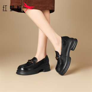 红蜻蜓厚底小皮鞋女款2026新款春真皮增高圆头英伦乐福鞋黑色单鞋