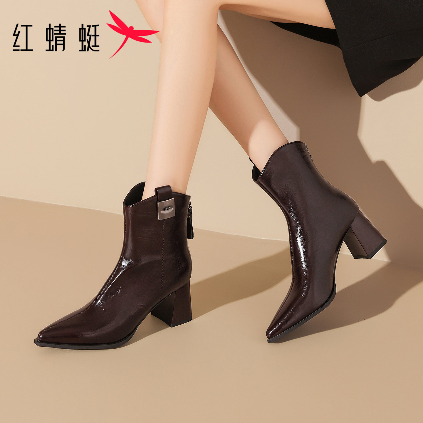 红蜻蜓尖头高跟鞋短靴女2026新款粗跟女靴冬季法式气质皮靴女靴子