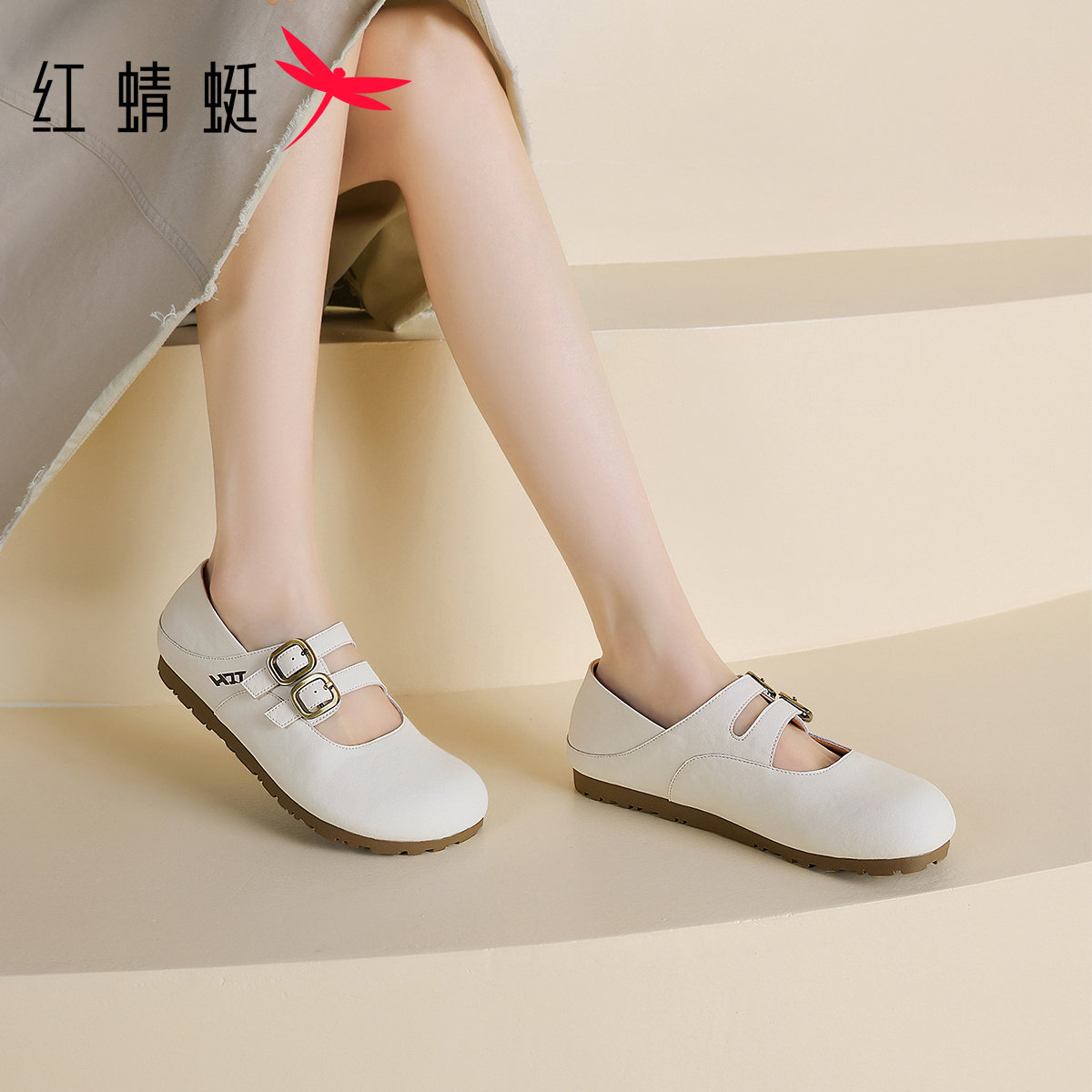 红蜻蜓圆头平底鞋女款2026新款舒适软底女鞋一脚蹬透气休闲豆豆鞋