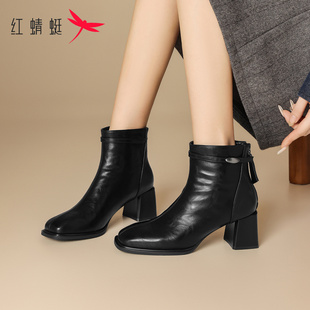 红蜻蜓方头气质冬季靴子女款2026新款通勤时装靴加绒粗跟高跟短靴