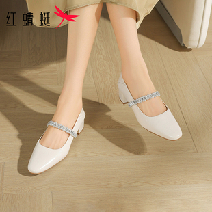 红蜻蜓时尚配裙子单鞋女款2026新款粗跟女鞋一脚蹬中跟白色小皮鞋