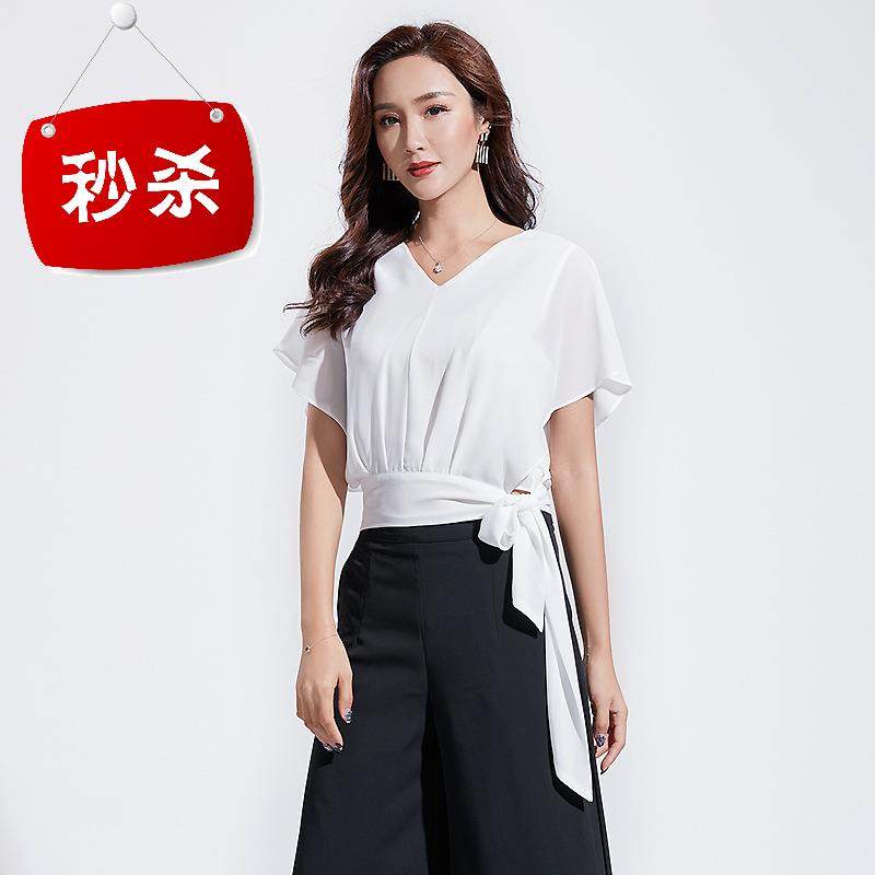 2019夏季女装新款韩版气质套头s短袖V字领绑带修身型上衣雪纺衫|ruв категории Женская одежда, кружева свитер/шифон рубашка - от Buy2taobao.com для оказания профессиональной услуги покупки агента Taobao