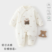 新生婴儿儿衣服纯棉a类秋冬薄棉保暖外出哈衣爬服满月宝宝连体衣