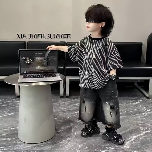 链条男童宝宝夏季儿童2026新款韩版条纹短袖涂鸦潮百搭