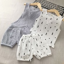 婴儿2023夏季装儿背心短裤套装男女宝纯棉纱布宝宝件套夏装