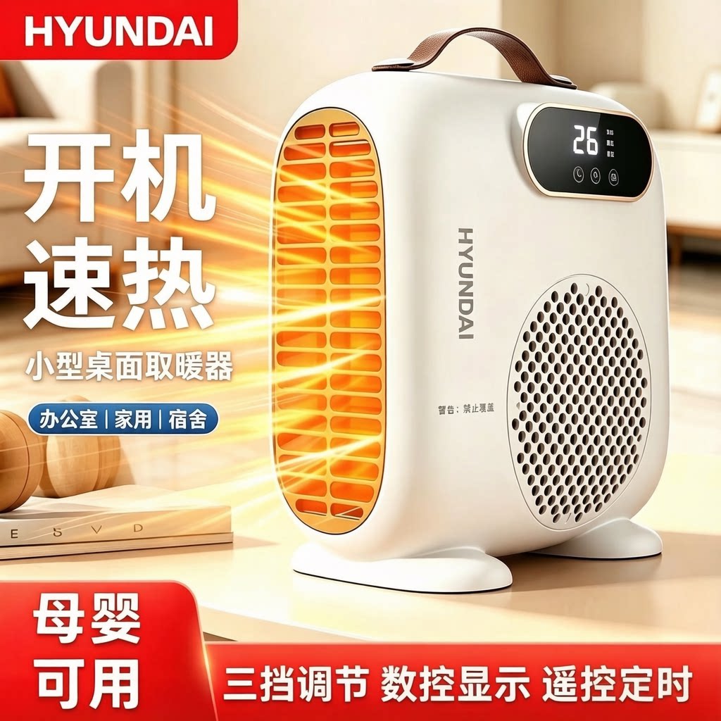 现代小型桌面取暖器办公室浴室家用暖风机速热数显遥控超节能省电