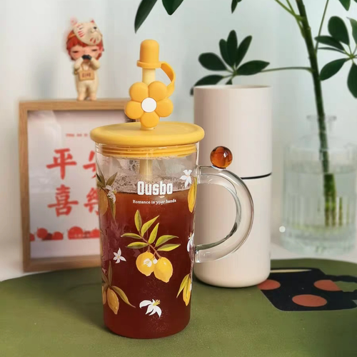 小碎花双层玻璃水杯高颜值大容量