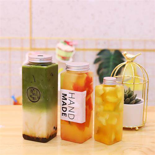 网红ml方形瓶子一次性奶茶杯带盖pet塑料杯宽口果汁饮料奶茶瓶