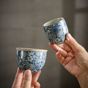 复古老陶泥青花主人茶杯单杯汝窑开片陶瓷个人品茗杯家用茶壶