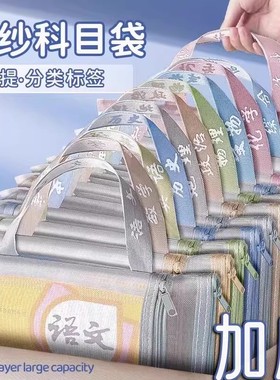 a4双层网纱袋科目分类加宽加厚文件袋初中生收纳袋小学生拉链式手提补习书袋透明拎书学生学科试卷袋作业装书