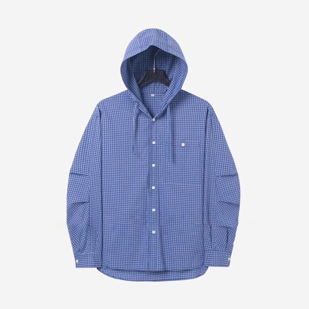 蓝色弯刀袖格子连帽衬衫男夏季薄款防晒外套cleanfit长袖格纹衬衣