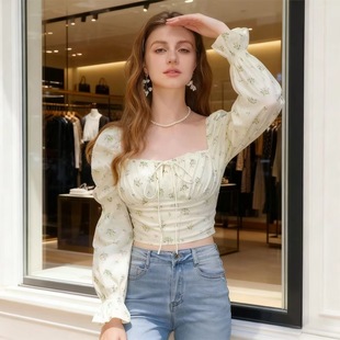 2025秋冬碎花薄款春天方领性感法式泡泡设计长袖上衣短款辣妹新款