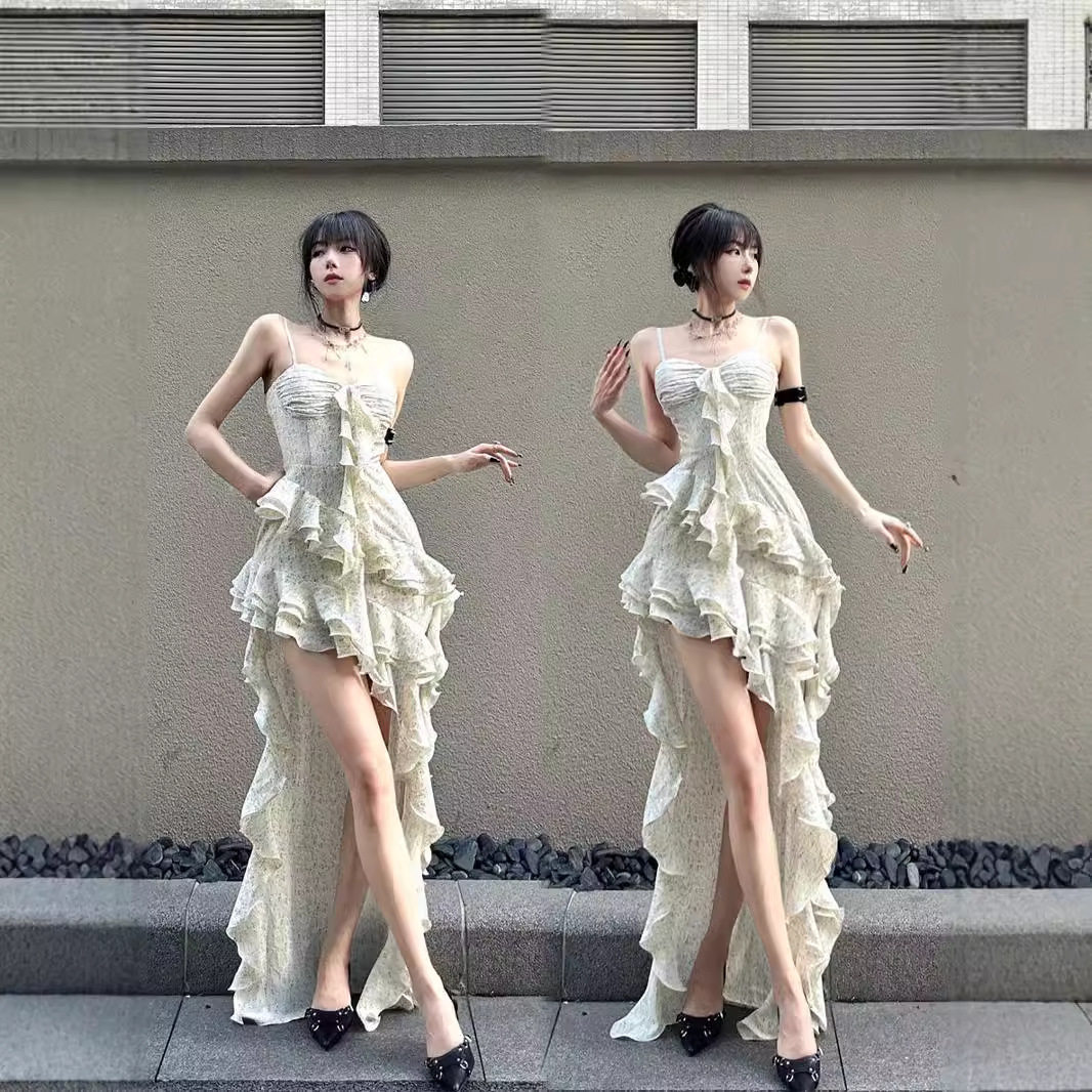 甜辣妹荷叶边吊带连衣裙仙女夏季连衣裙