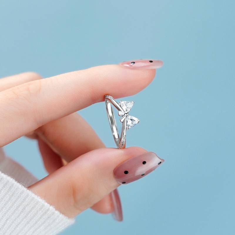 S999足银蝴蝶结开口戒指女可调节浪漫甜美精致高级感指环