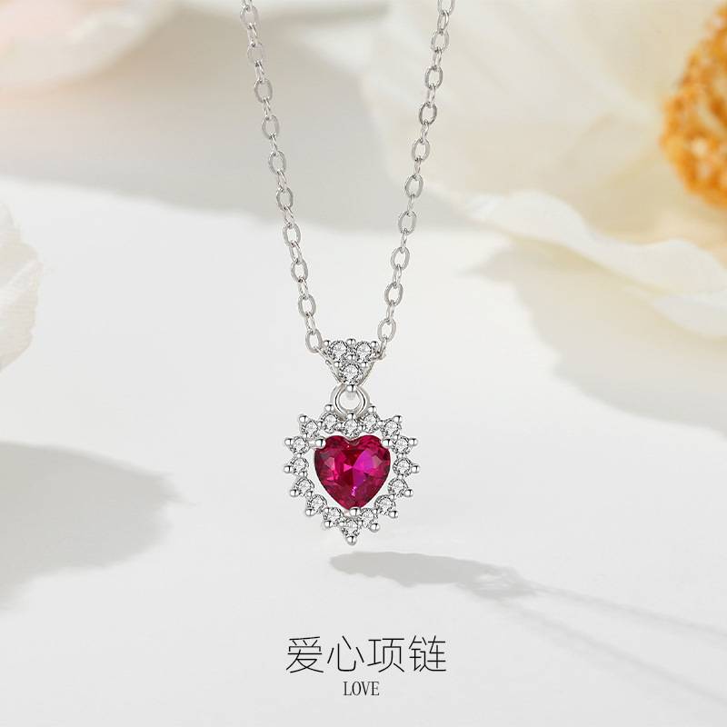项链不掉色女S925纯银爱心锁骨链彩色锆石水晶小众项链