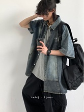 夏日系复古水洗廓形拼接牛仔衬衫男生宽松休闲工装风短袖衬衣外套