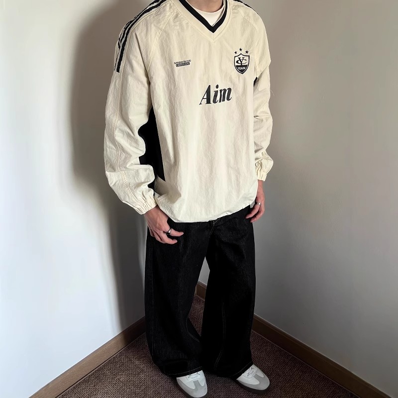 美式做旧撞色v领运动风卫衣