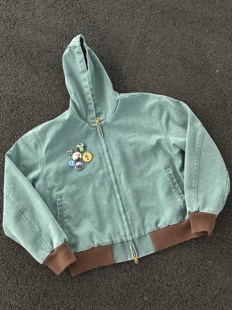 连帽夹克水洗外套情侣秋冬季 工装 潮 复古boxy湖水绿帆布男女款 美式