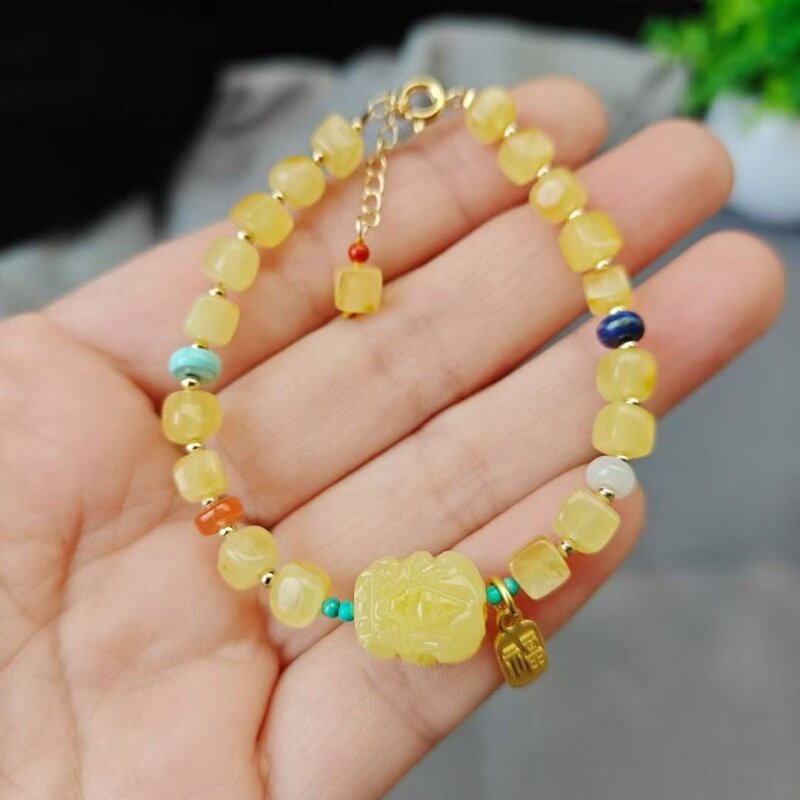 天然蜜蜡单圈手链串南红青金绿松