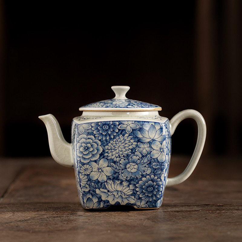 老陶泥青花茶壶手工家用四方陶瓷单壶复古功夫茶具单壶开片泡茶