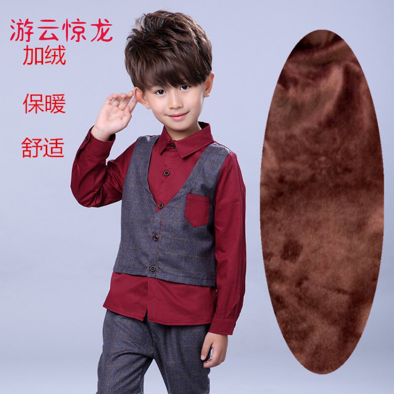 童装秋冬新款男童加绒假马甲两件套衬衫+长裤套装
