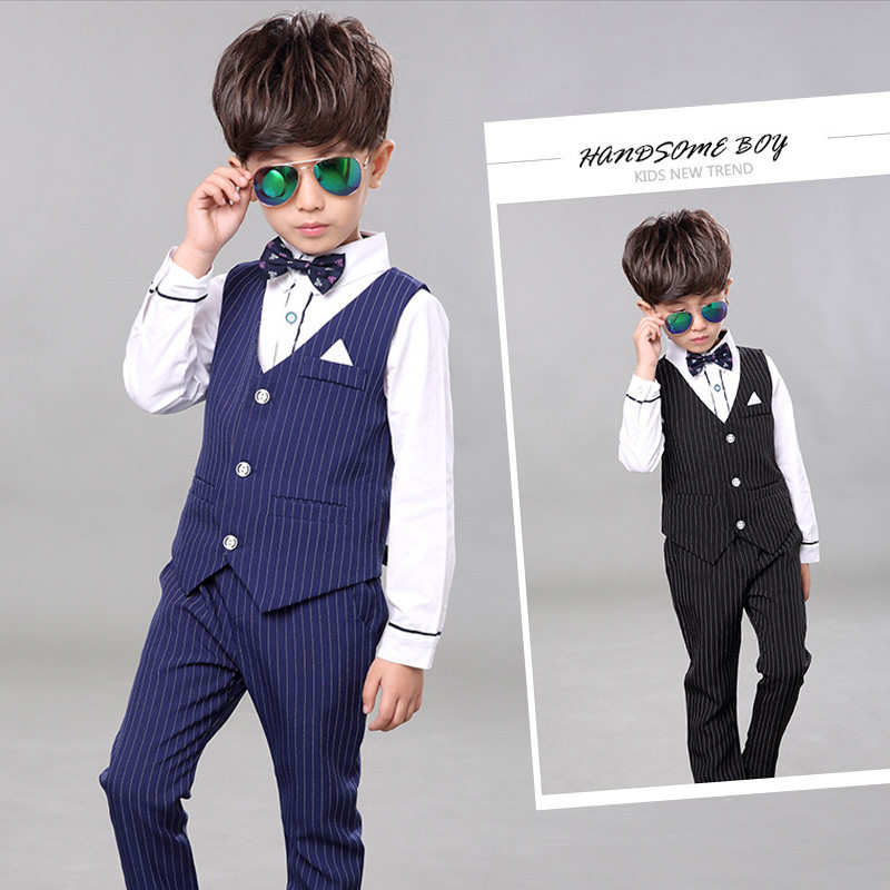 2020春款儿童礼服马甲三件套男童套装韩版童装条纹童套装