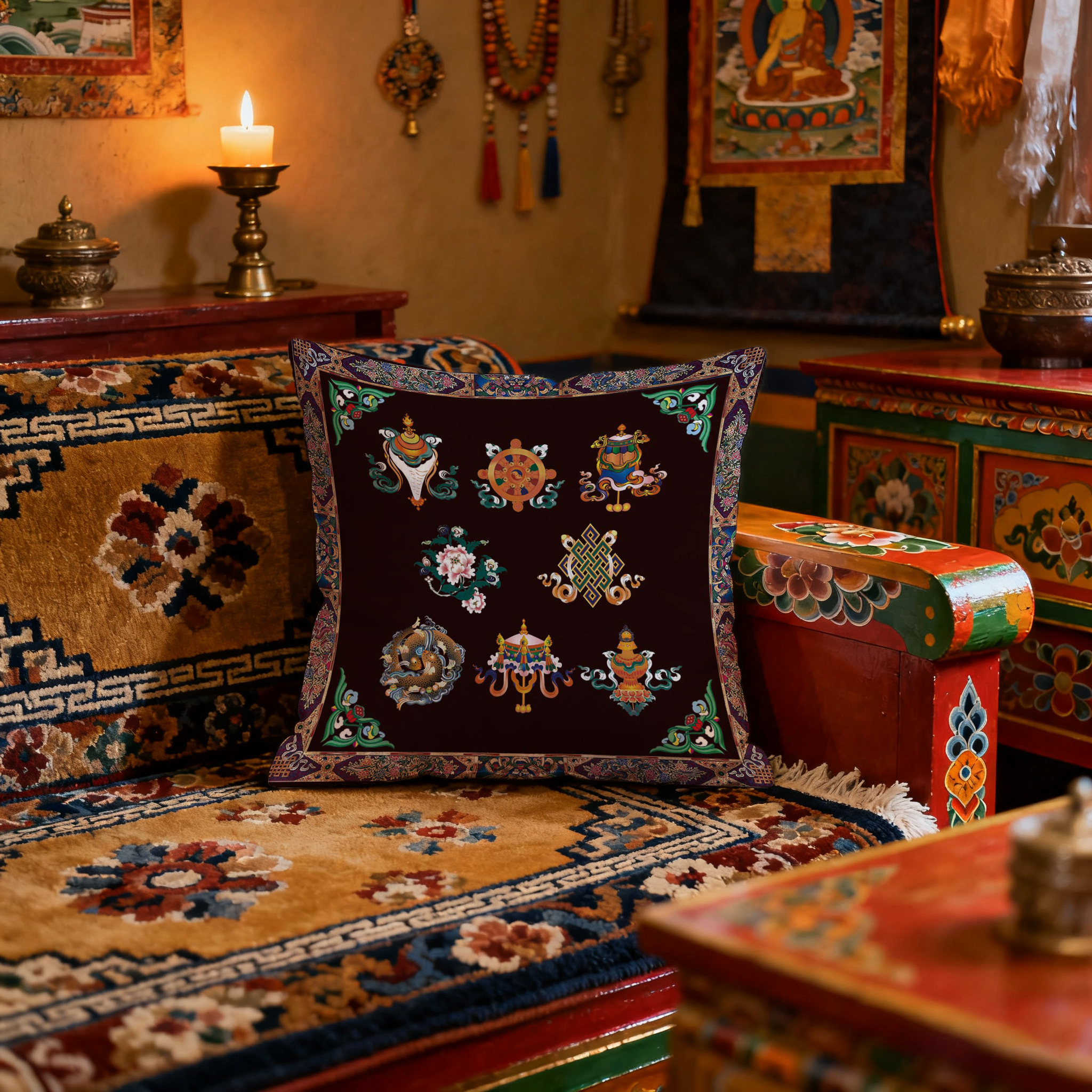 西藏藏式吉祥八宝抱枕车枕沙发床上垫子靠枕可拆洗棉麻靠垫靠垫