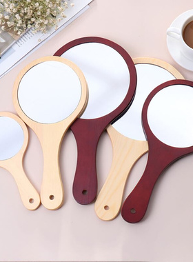 Round Wood Vintage Hand Mirror Makeup Vanity Mirror Portable