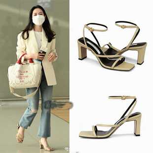 夏粗跟罗马凉鞋 细带一字带百搭方头高跟鞋 2026新款 孙艺珍同款