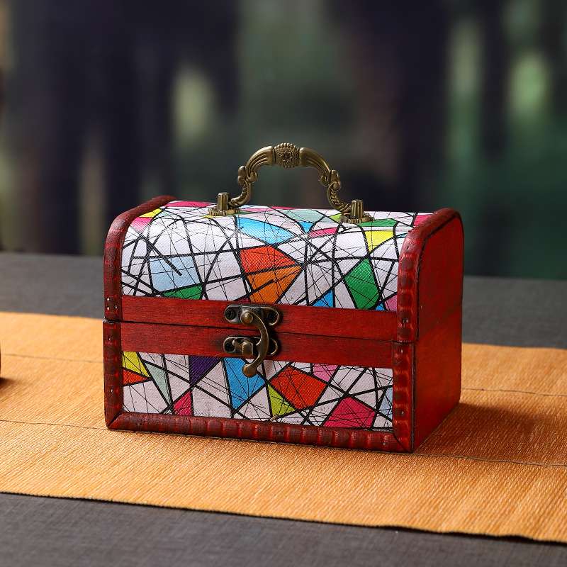 复古木质收纳盒带锁珠宝首饰盒零钱杂物收纳盒影视拍摄道具小宝箱