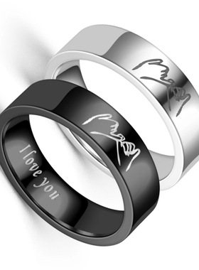 欧美时尚激光刻字不锈钢戒指6mm银色黑色情侣款指环饰品厂家