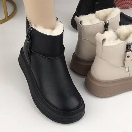 品牌鞋真皮冬季加绒加厚保暖雪地靴女厚底防滑休闲百搭短靴棉鞋女