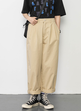822ROAD卡其色日系工装裤男早秋季2021新款潮牌宽松阔腿直筒裤子