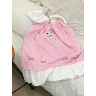 加厚珊瑚绒吸水洗澡浴袍可穿家用浴巾 ins日系kt猫吊带浴裙女新款