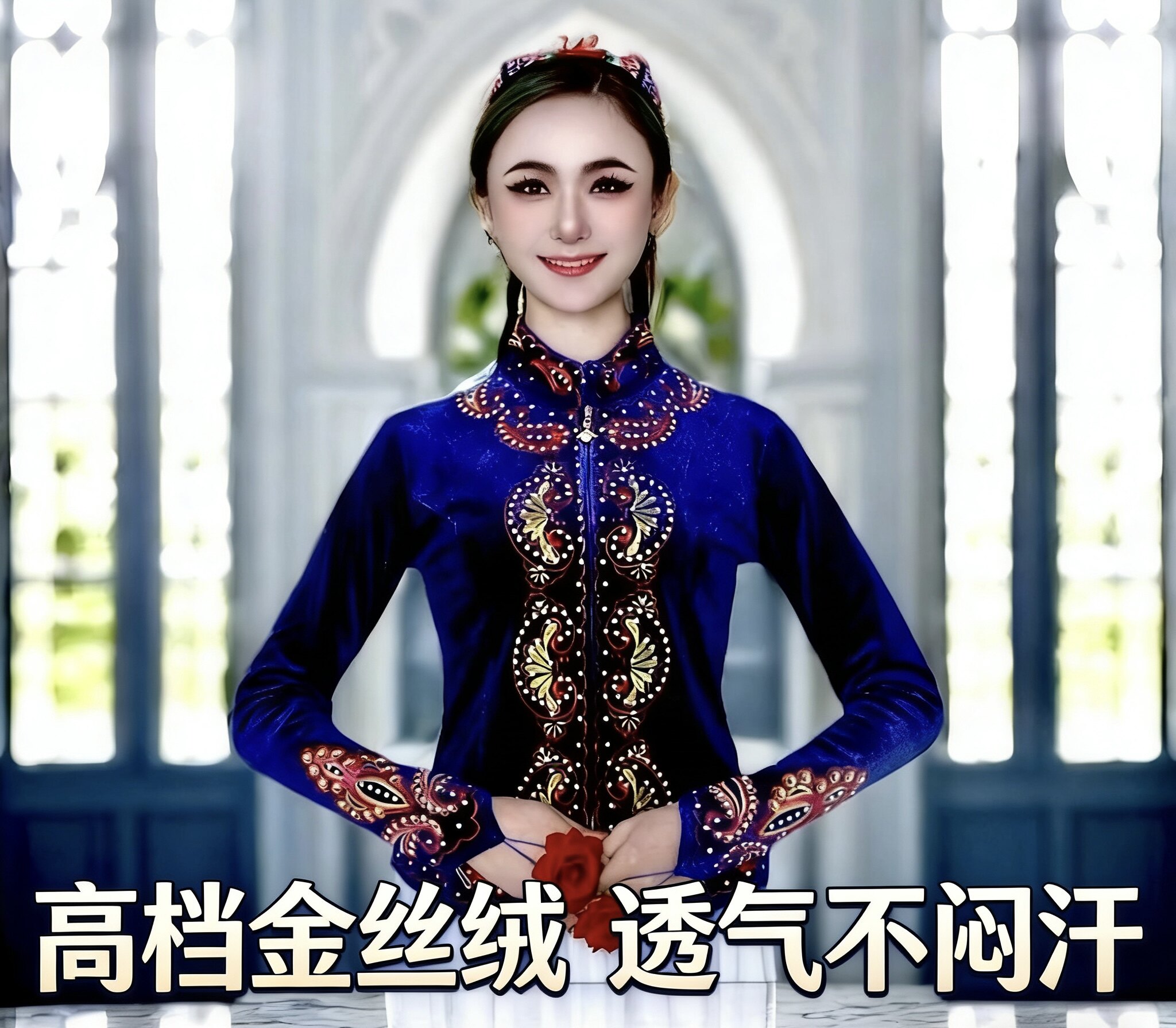 麦西莱依金丝绒瘦身舞服立体6片裁显瘦 新疆民族风舞台表演服