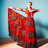 新疆民族表演服麦西莱依品牌烫金花朵连衣裙双层720度新款 奢华