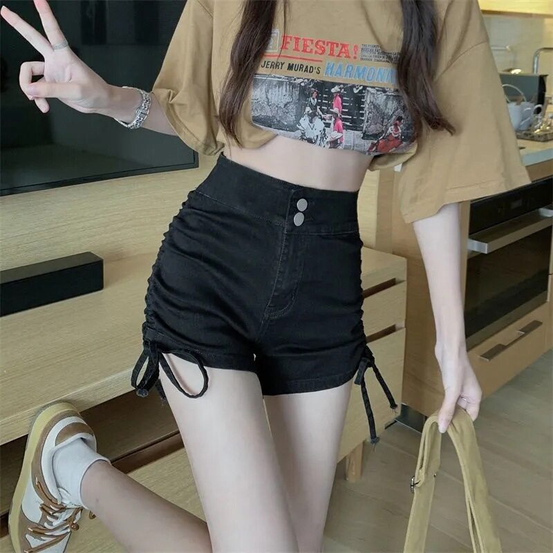 高腰牛仔短裤女春夏新款抽绳设计牛仔裤