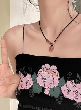 2025附证书天然草莓晶白玛瑙玉髓平安扣黑曜石吊坠情侣项链男女款