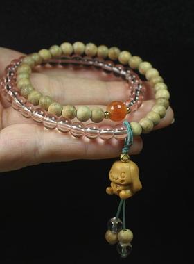 2025奶香木6mm双圈手串可爱狗吊坠手链手饰森系女款DIY佛珠念珠文