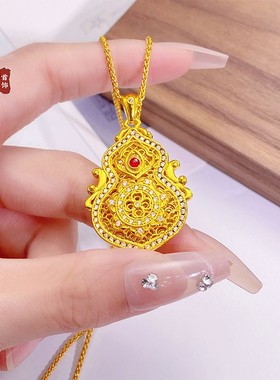 2026古法沙金镂空花丝镶钻葫芦吊坠 新中式人生四美福禄吉祥挂坠