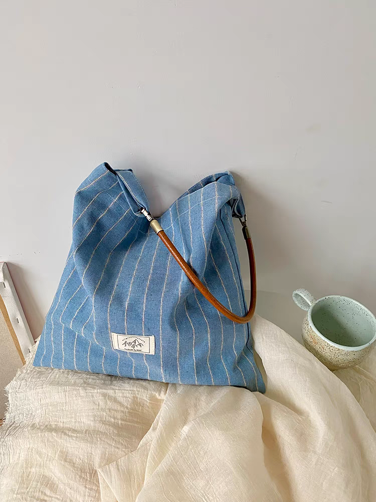 原创自制 无di好搭配的一款！！复古牛皮绳小众蓝色条纹单肩包女