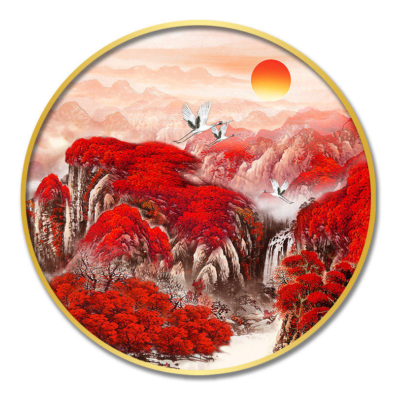 鸿运当头玄关装饰画新中式圆形沙发背景墙壁画办公室山水中式挂画,家居饰品,现代装饰画,淘宝优惠券,粉丝福利购,淘宝优惠卷
