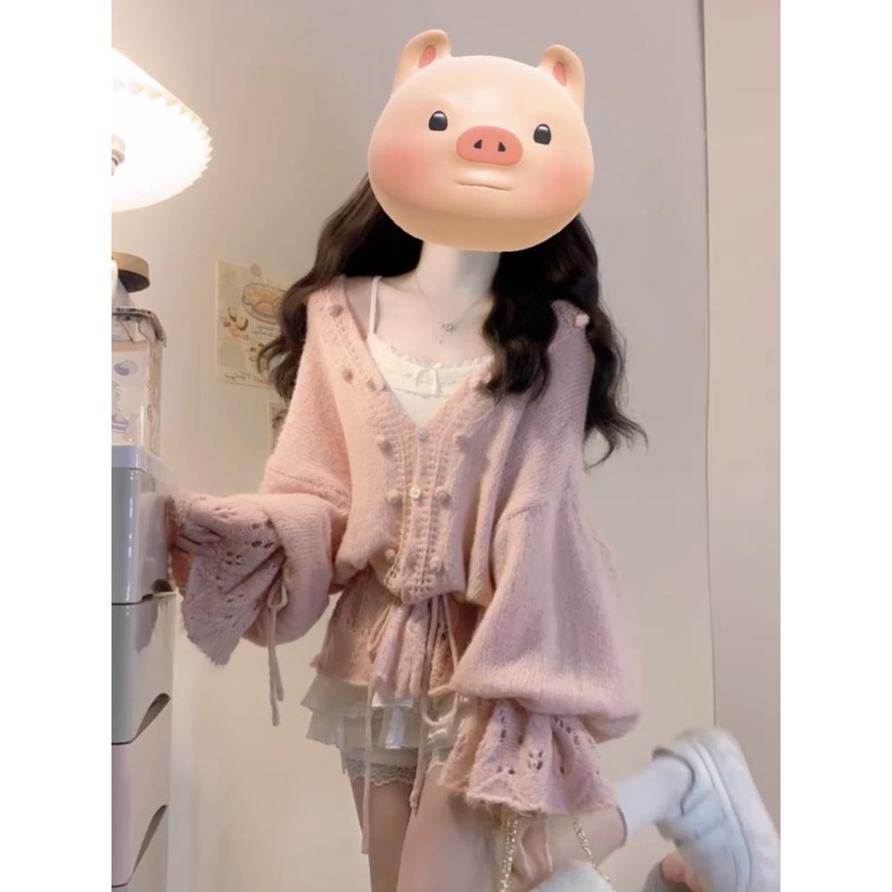 甜美温柔风气质粉色针织开衫女外套秋季2025新款宽松绝美毛衣上衣