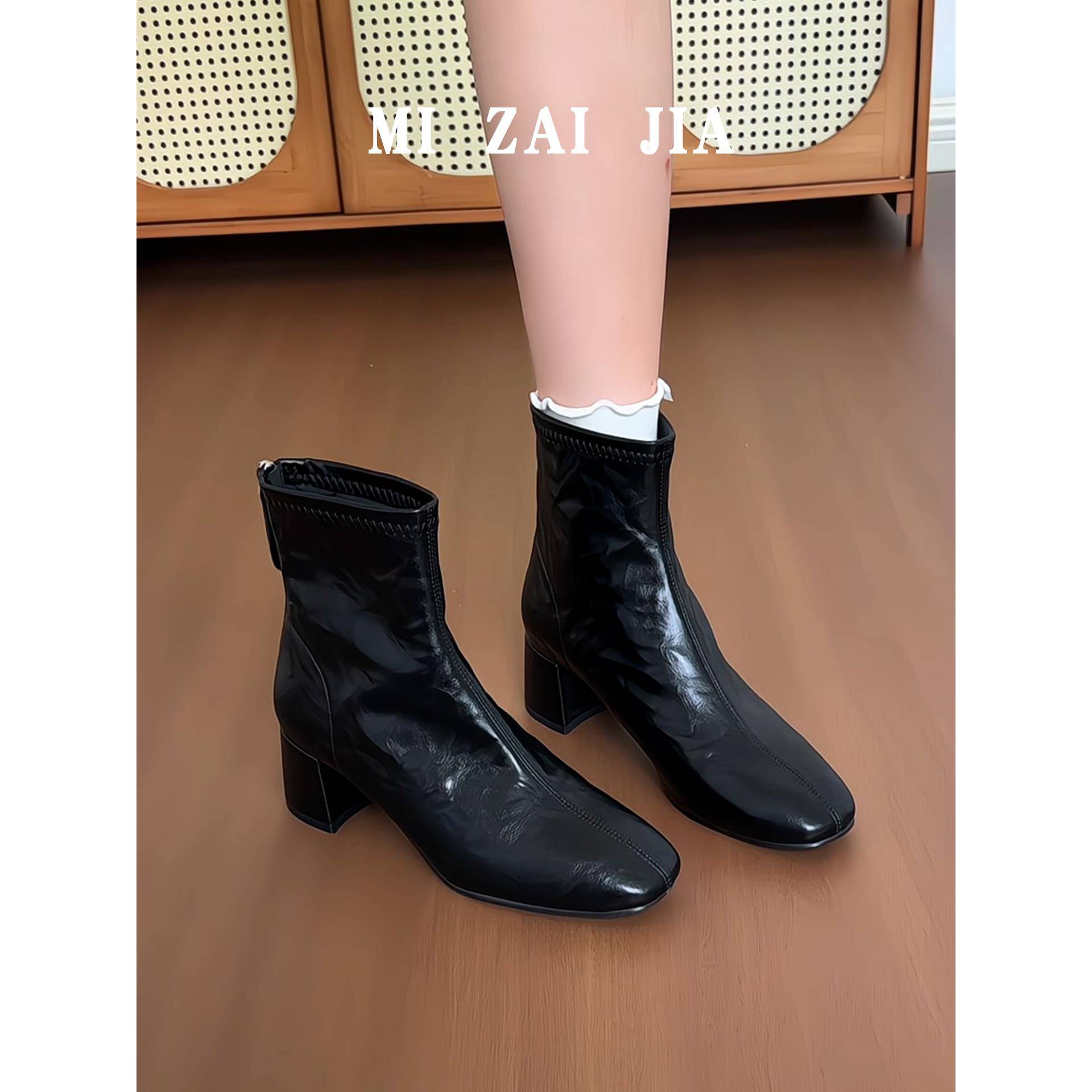 羊皮版！黑色靴子女2025新款爆款早秋高跟短靴女款粗跟高跟鞋秋冬